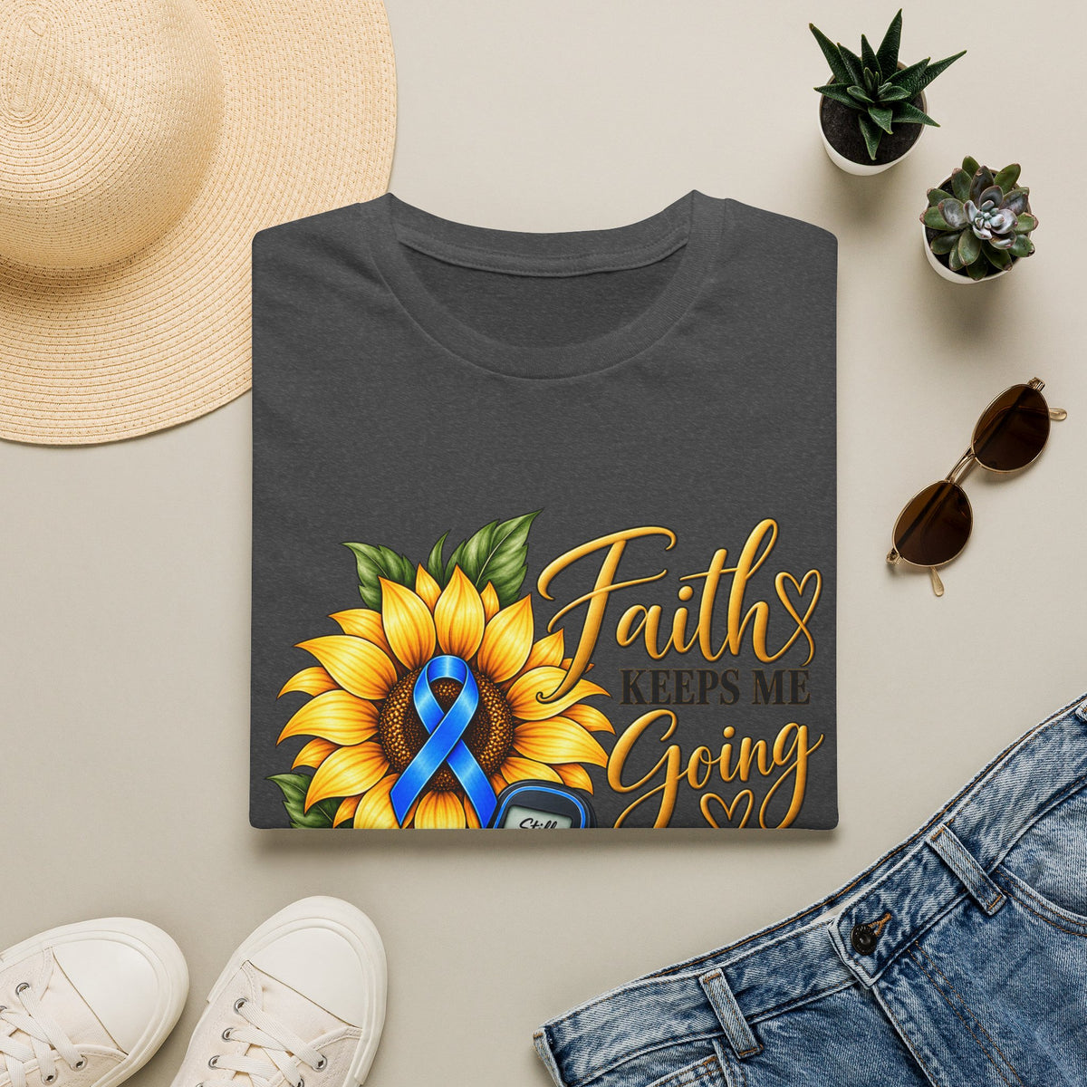 Faith Keeps Me Going T-Shirt — Sunflower & Blue Ribbon Diabetes Awareness