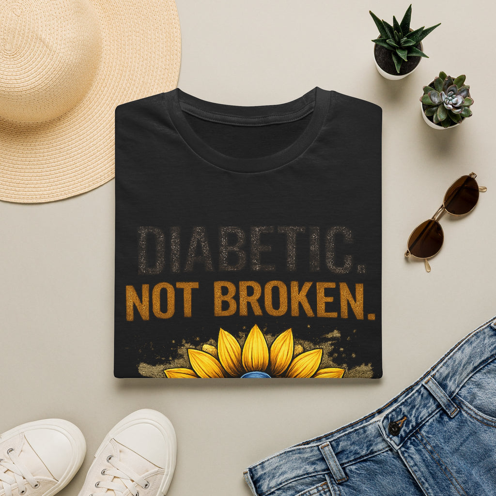 Diabetic Not Broken T-Shirt — Sunflower & Blue Awareness Ribbon Tee