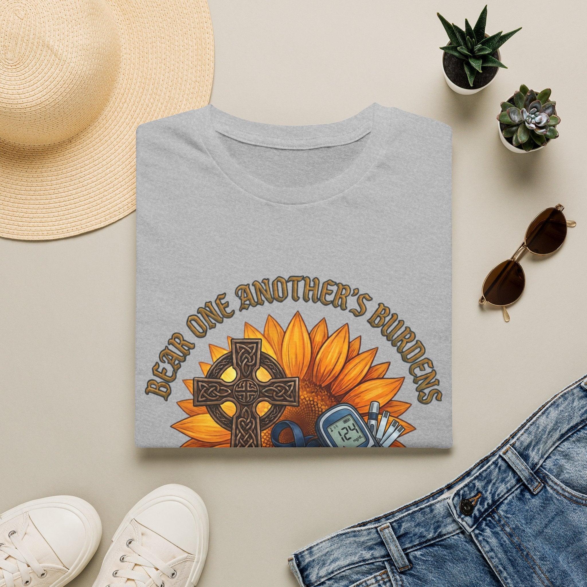 Christian T-Shirt - "Bear One Another's Burdens" Galatians 6:2 Sunflower Cross Design