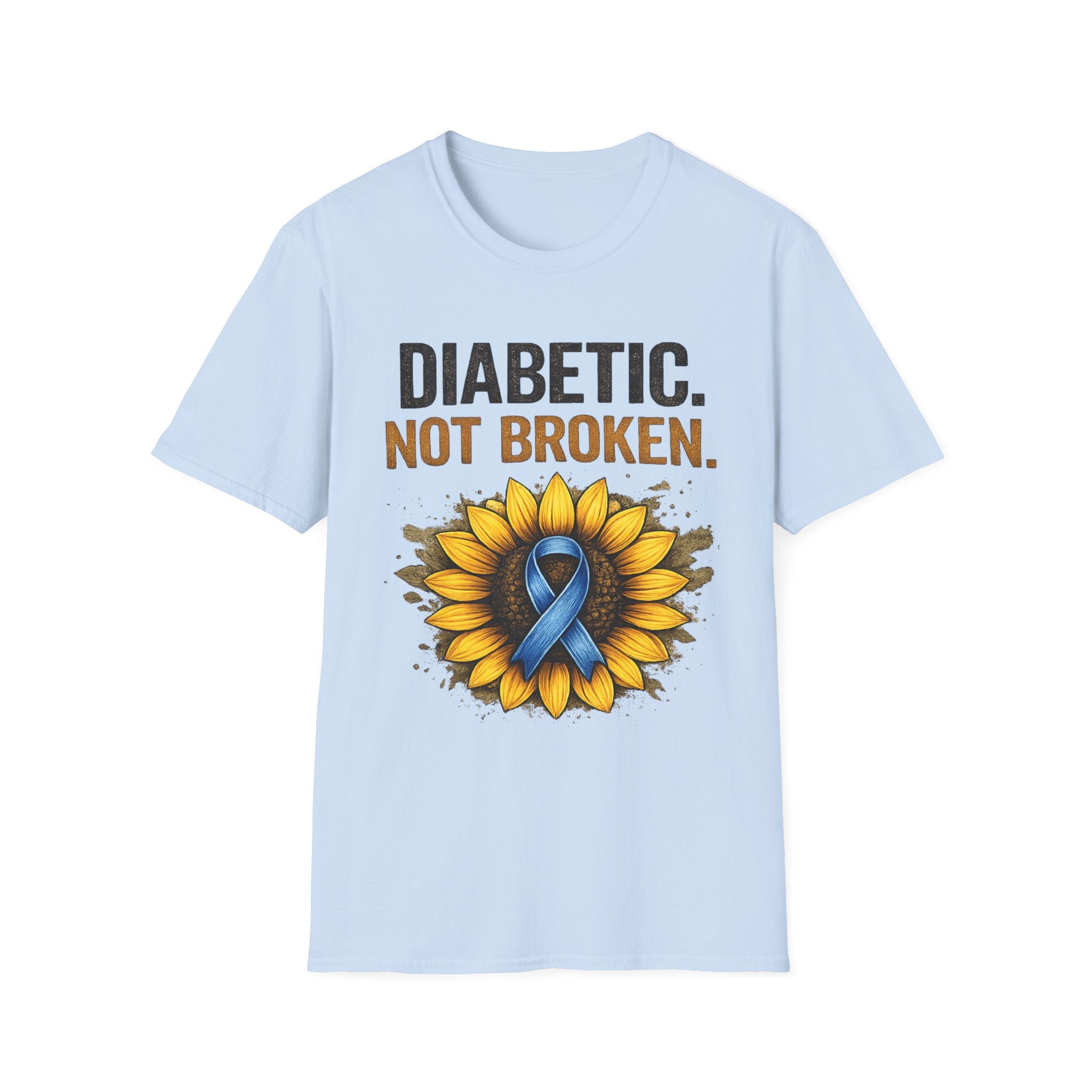 Diabetic Not Broken T-Shirt — Sunflower & Blue Awareness Ribbon Tee