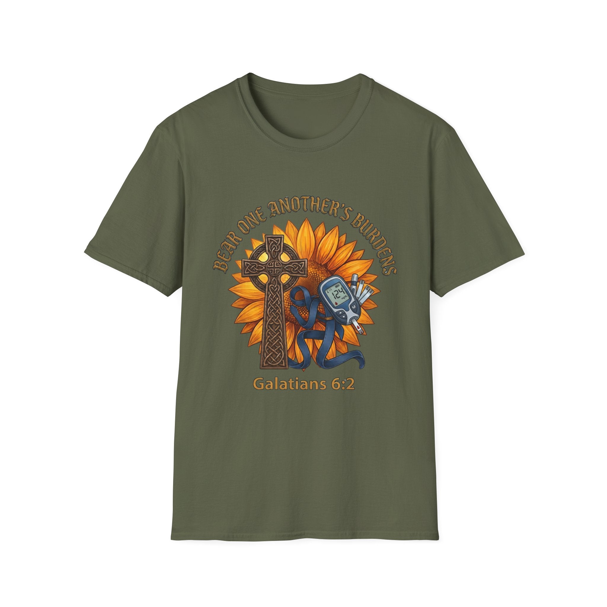 Christian T-Shirt - "Bear One Another's Burdens" Galatians 6:2 Sunflower Cross Design