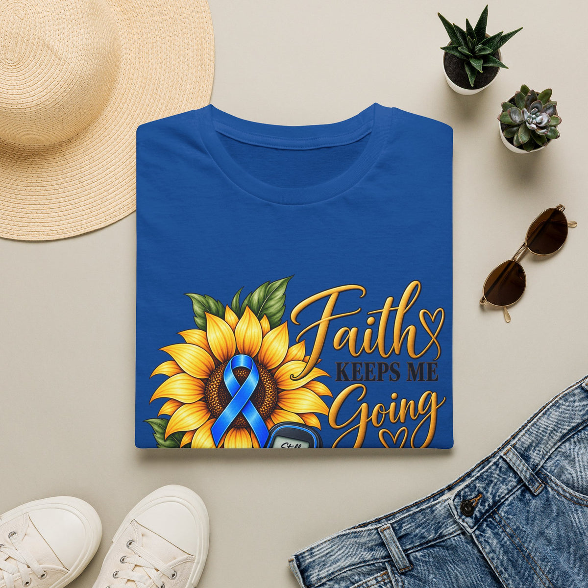 Faith Keeps Me Going T-Shirt — Sunflower & Blue Ribbon Diabetes Awareness