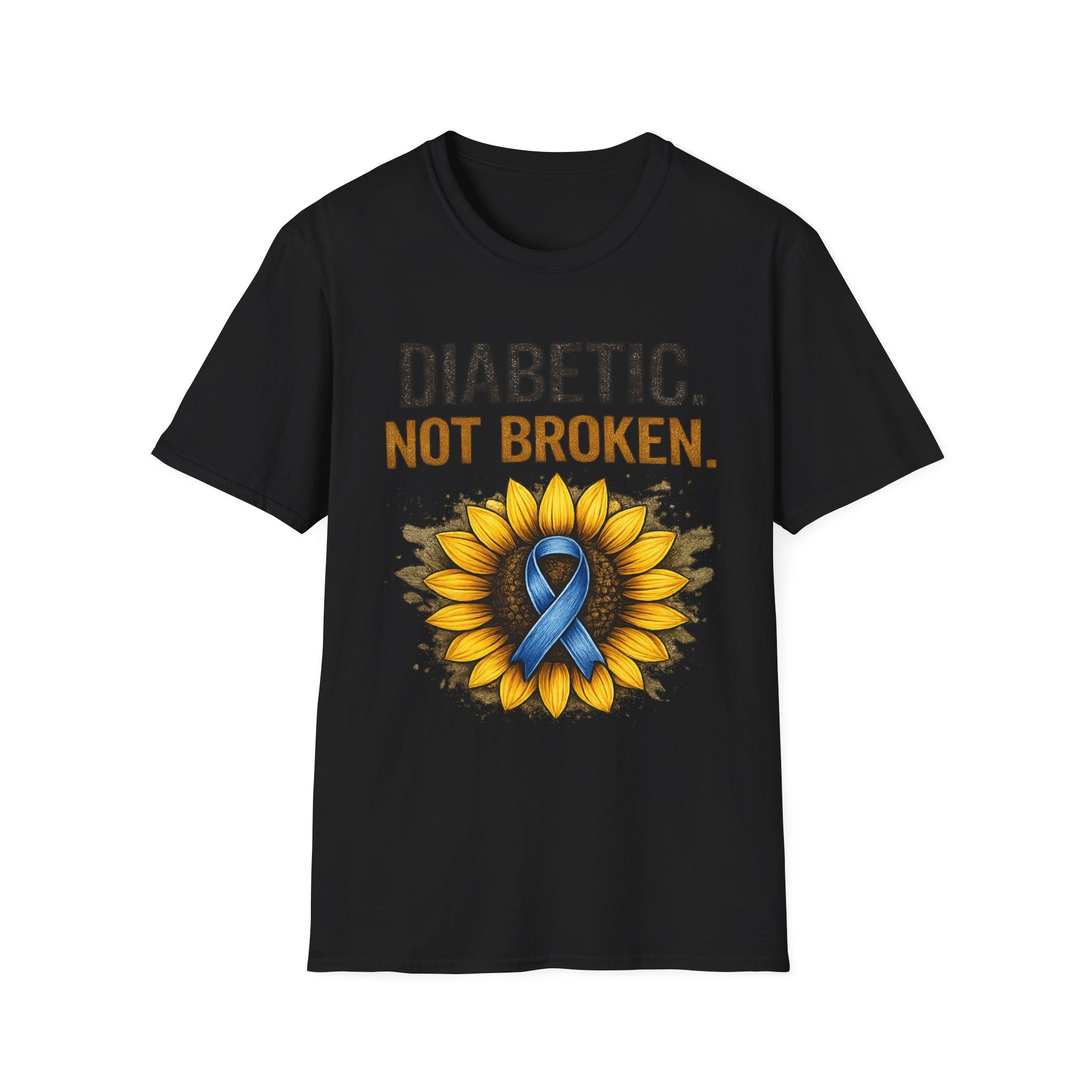 Diabetic Not Broken T-Shirt — Sunflower & Blue Awareness Ribbon Tee