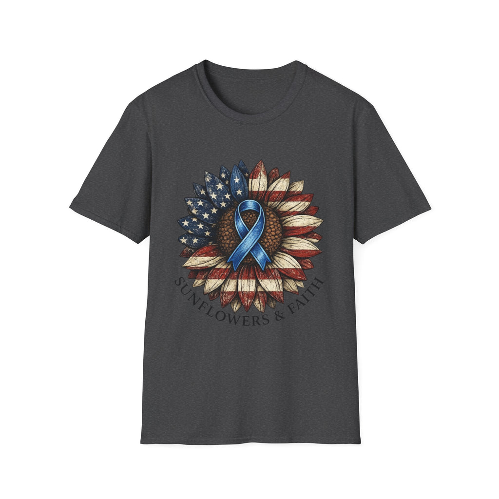 Flag Sunflower T-Shirt with Blue Awareness Ribbon — Sunflowers & Faith