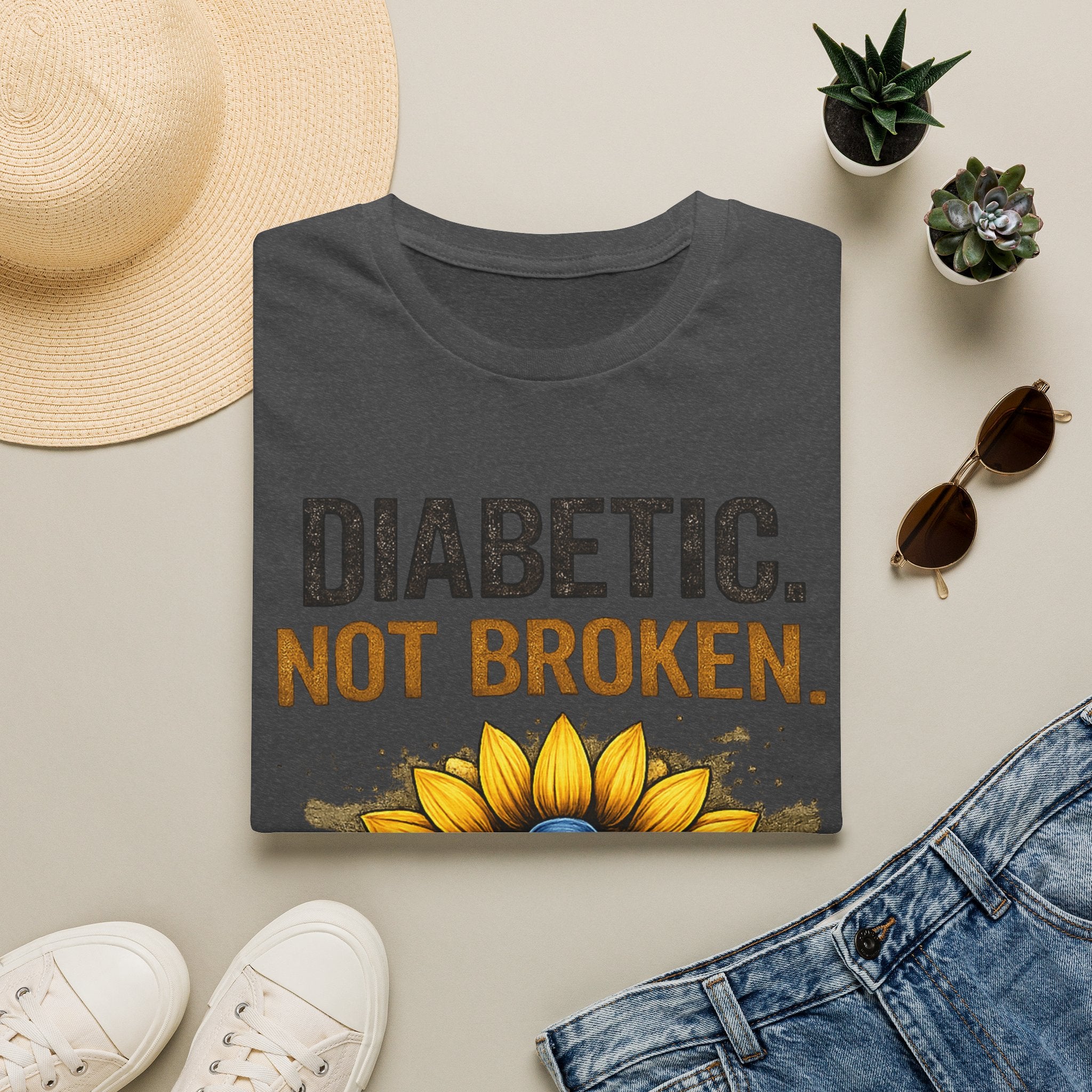 Diabetic Not Broken T-Shirt — Sunflower & Blue Awareness Ribbon Tee