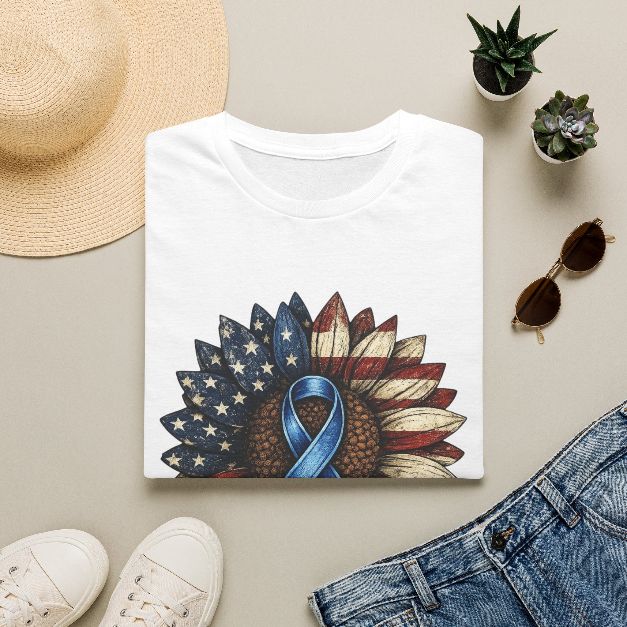 Flag Sunflower T-Shirt with Blue Awareness Ribbon — Sunflowers & Faith