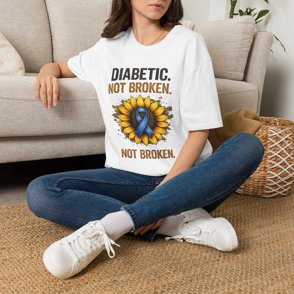 Diabetic Not Broken T-Shirt — Sunflower & Blue Ribbon Diabetes Awareness Tee