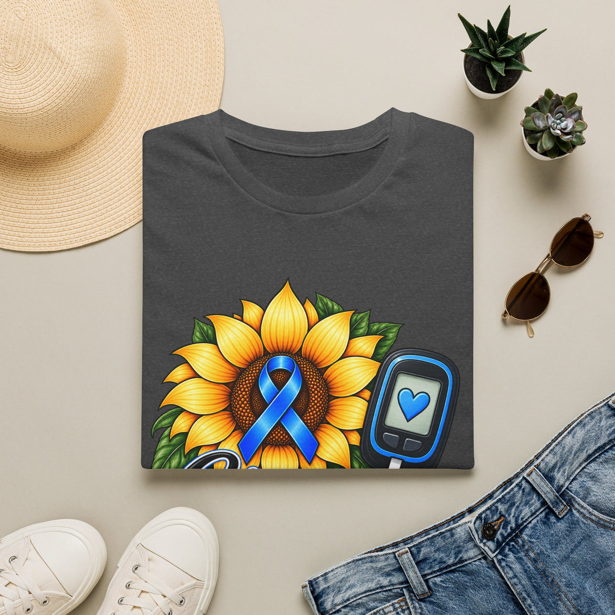 Diabetes Awareness T-Shirt — "Stronger Than Yesterday" Sunflower Ribbon Design