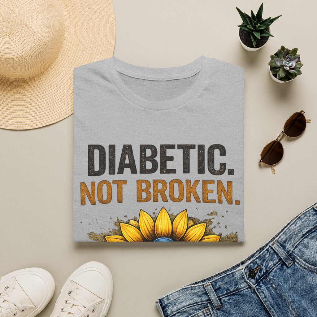 Diabetic Not Broken T-Shirt — Sunflower & Blue Awareness Ribbon Tee