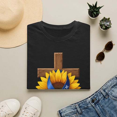 Faith Sunflower T‑Shirt — Wooden Cross with Blue Awareness Ribbon