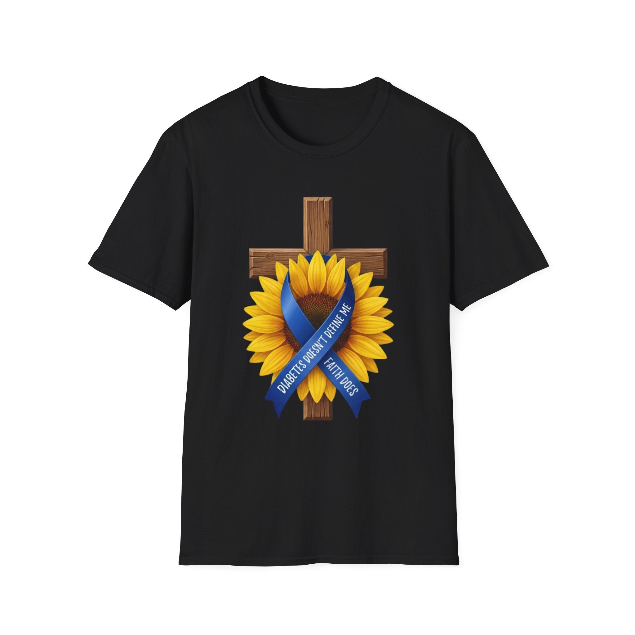 Faith Sunflower T‑Shirt — Wooden Cross with Blue Awareness Ribbon