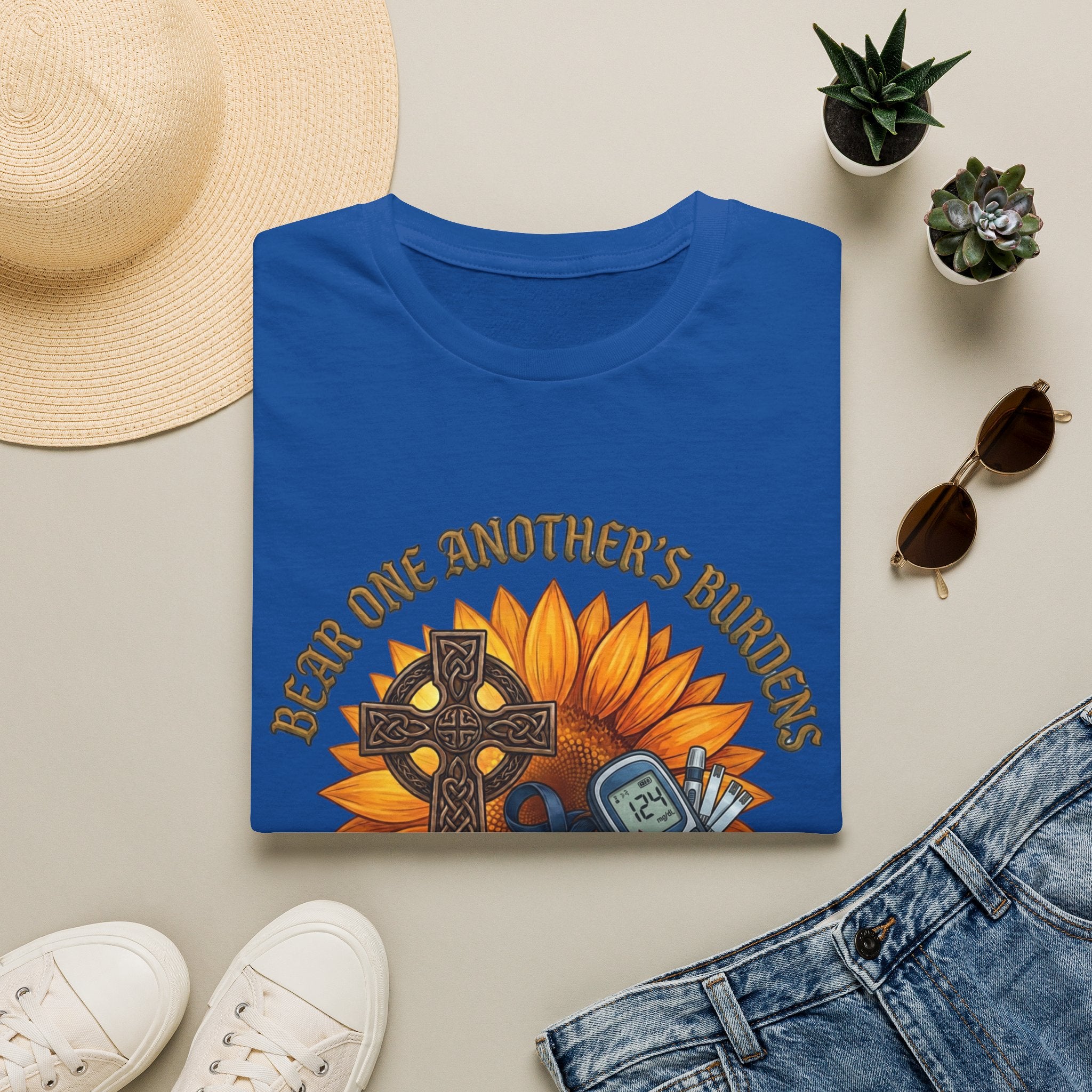 Christian T-Shirt - "Bear One Another's Burdens" Galatians 6:2 Sunflower Cross Design