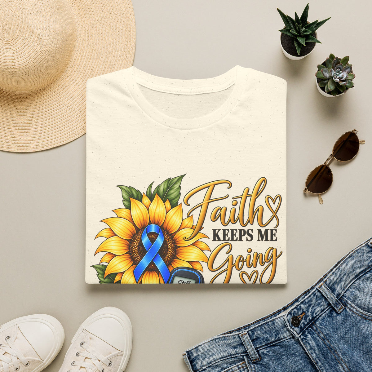 Faith Keeps Me Going T-Shirt — Sunflower & Blue Ribbon Diabetes Awareness
