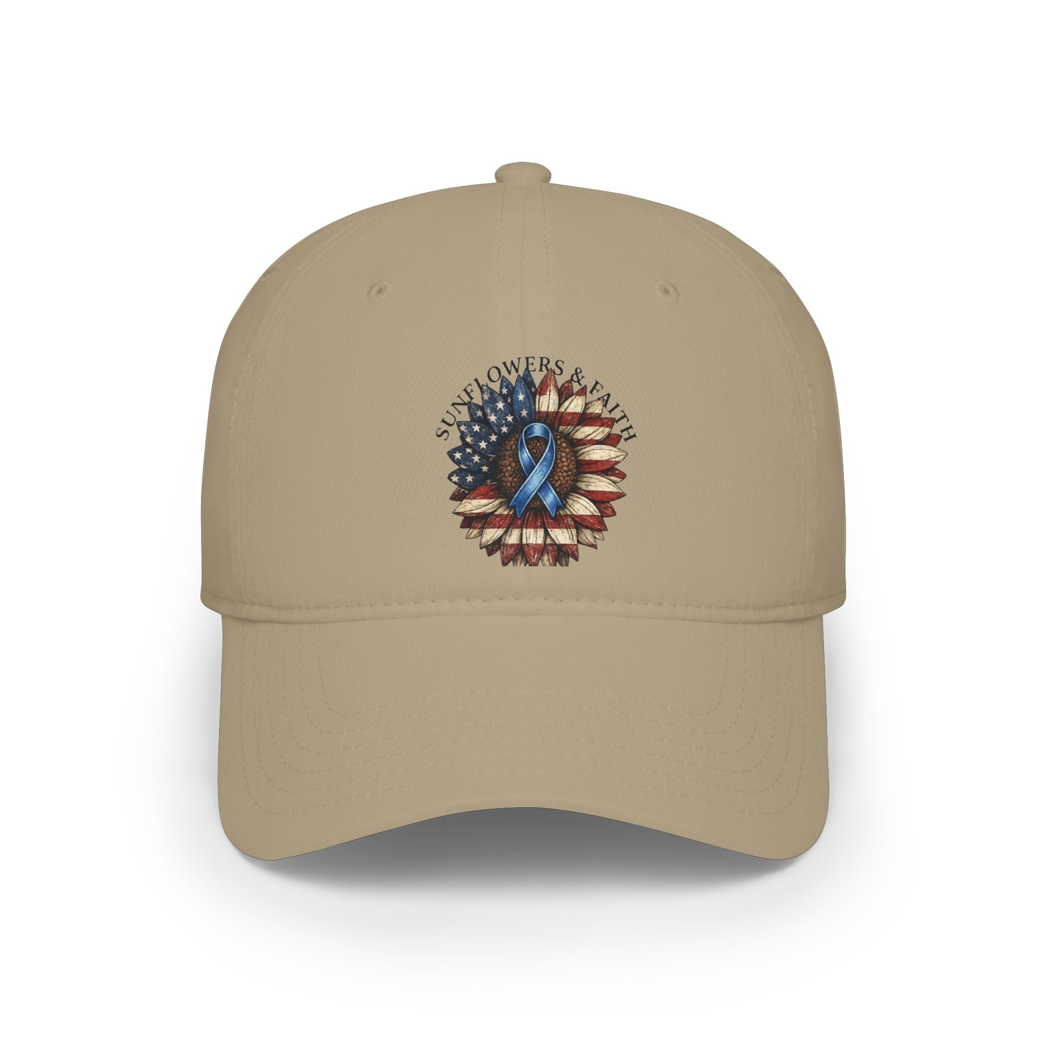 Low Profile Baseball Cap — Support Our Troops Blue Ribbon on American Flag