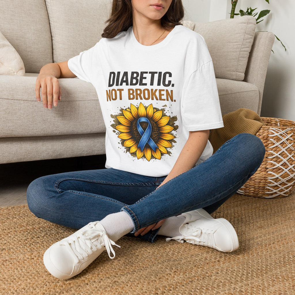 Diabetic Not Broken T-Shirt — Sunflower & Blue Ribbon Diabetes Awareness Tee