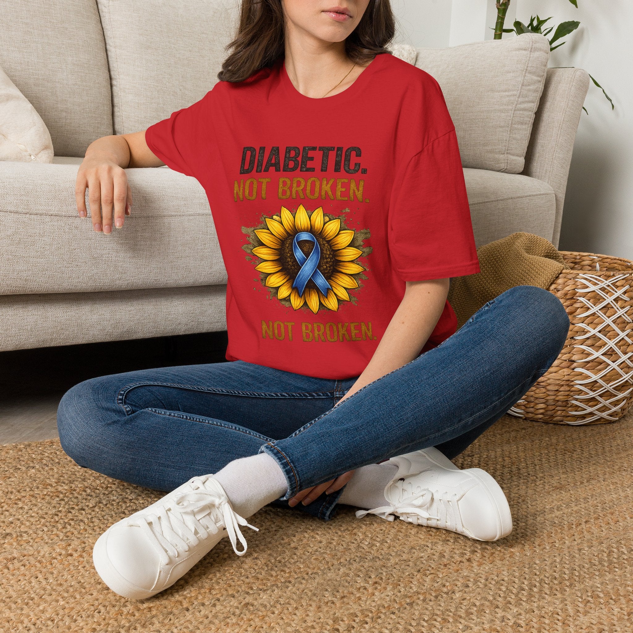 Diabetic Not Broken T-Shirt — Sunflower & Blue Ribbon Diabetes Awareness Tee