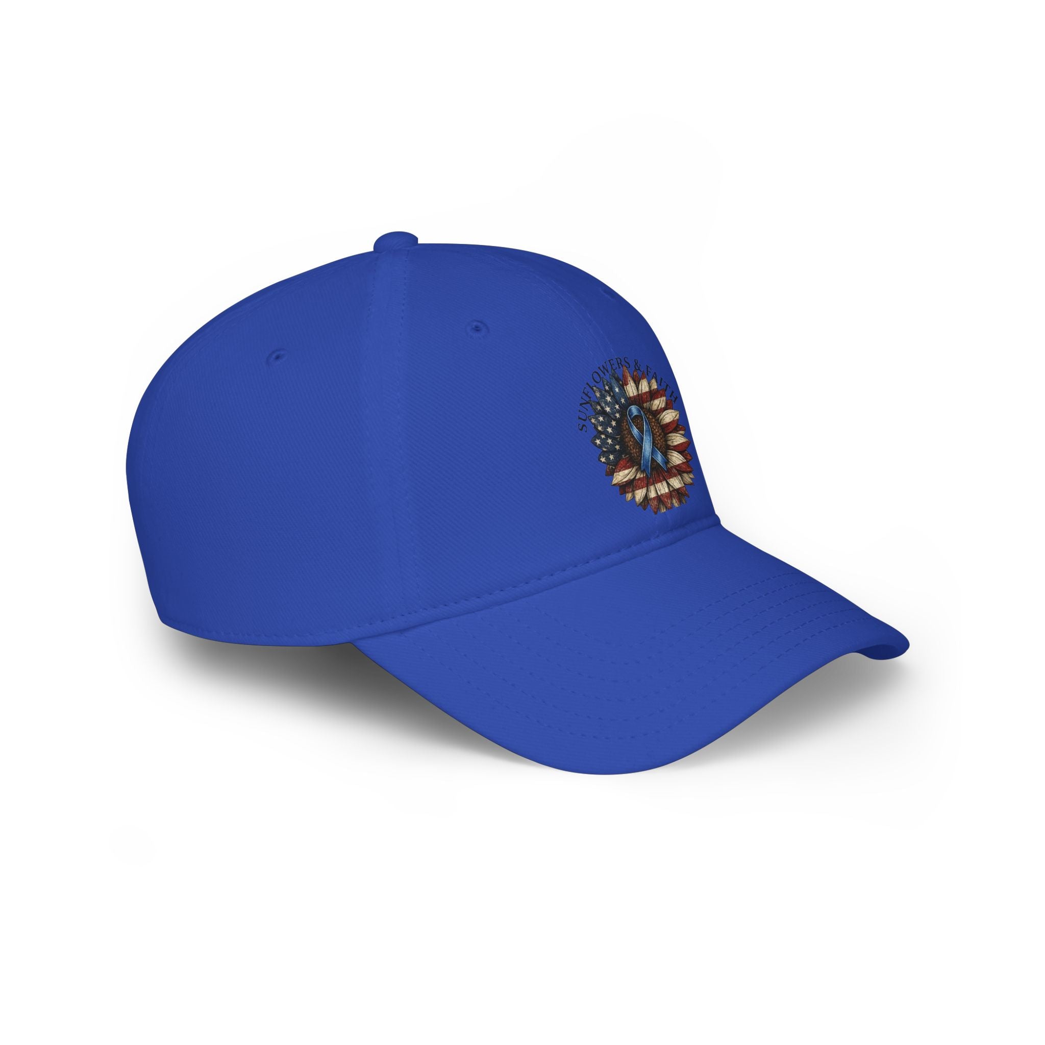 Low Profile Baseball Cap — Support Our Troops Blue Ribbon on American Flag