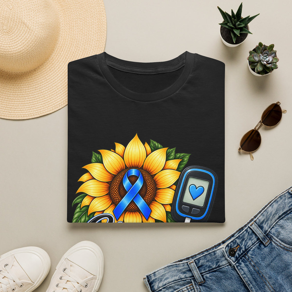 Diabetes Awareness T-Shirt — "Stronger Than Yesterday" Sunflower Ribbon Design