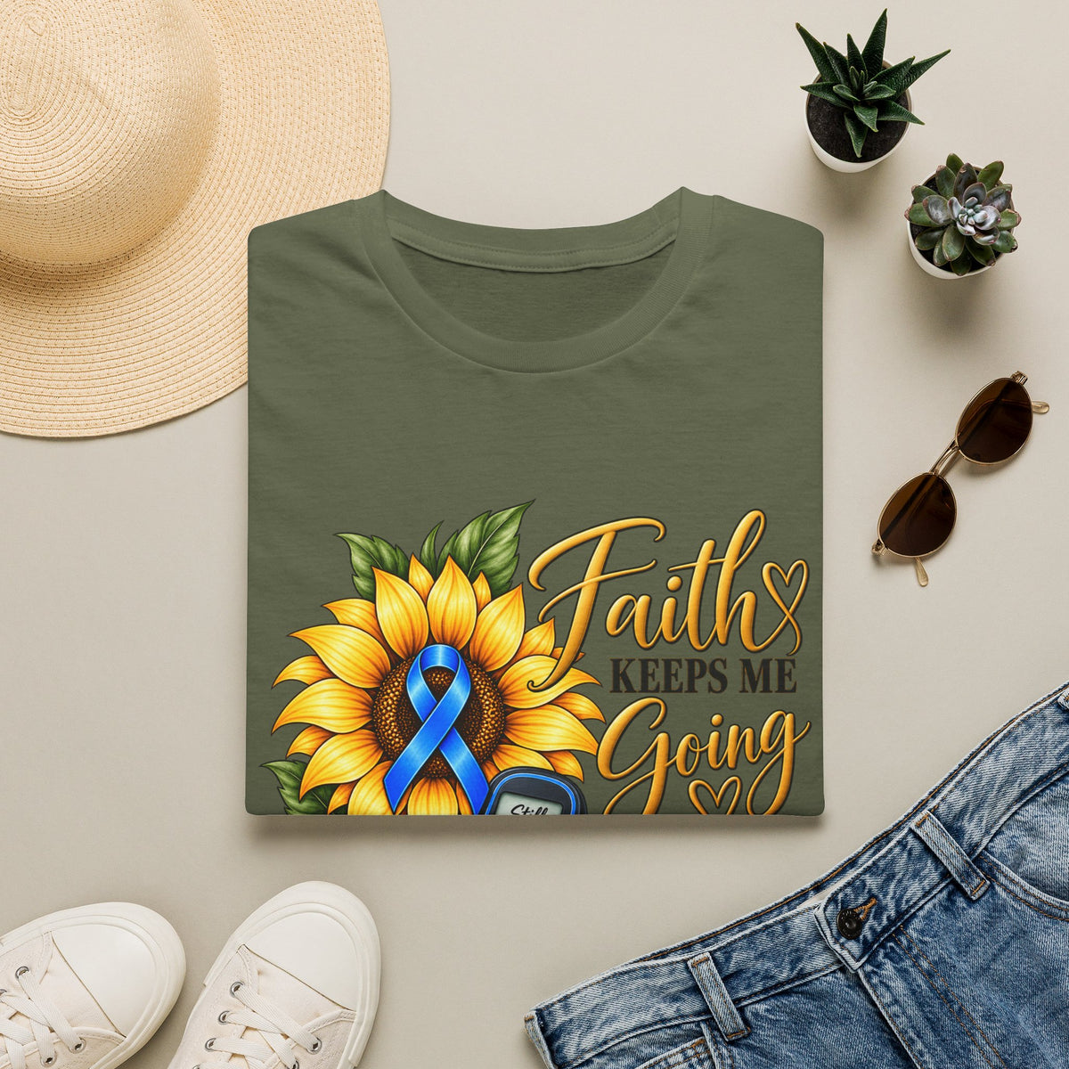 Faith Keeps Me Going T-Shirt — Sunflower & Blue Ribbon Diabetes Awareness