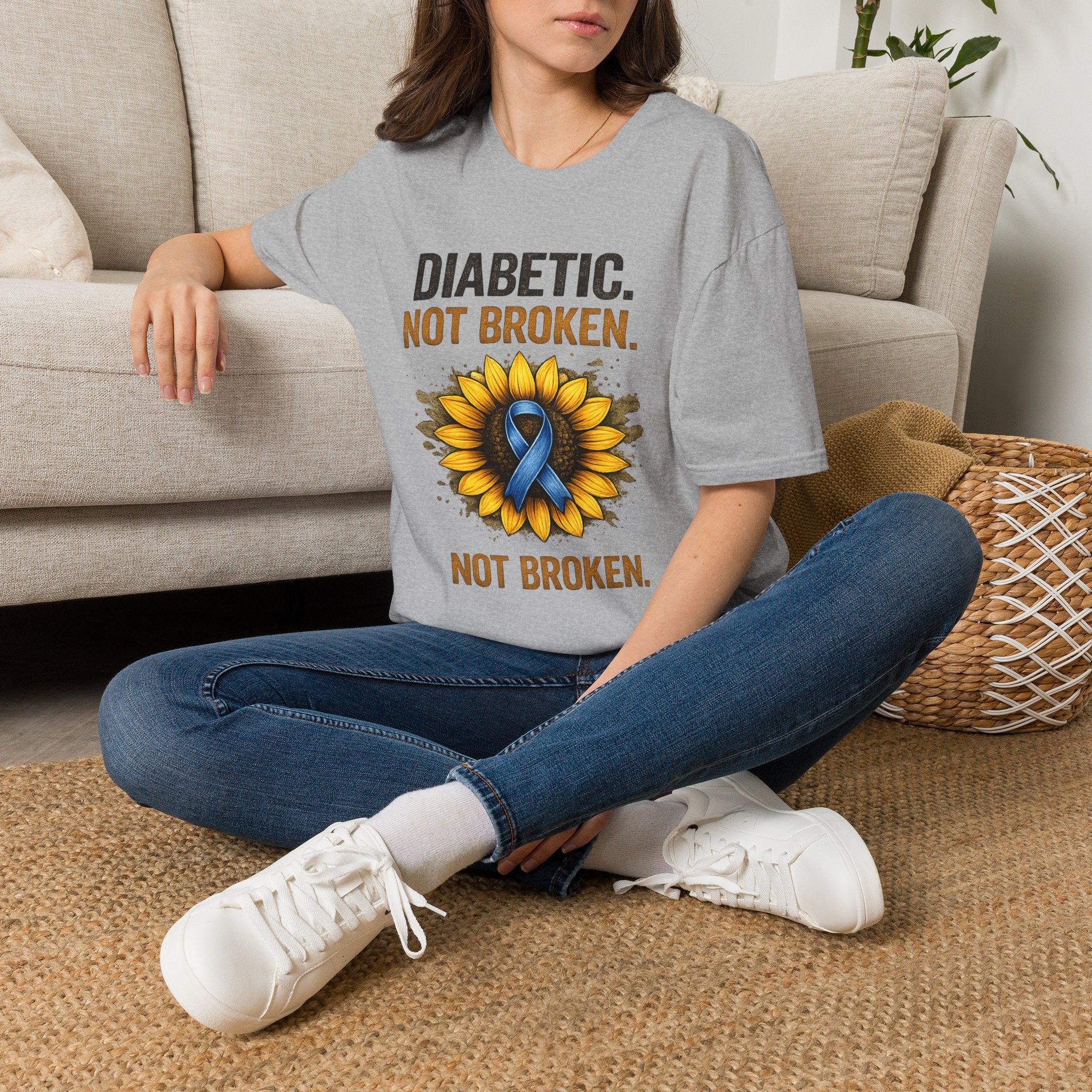 Diabetic Not Broken T-Shirt — Sunflower & Blue Ribbon Diabetes Awareness Tee