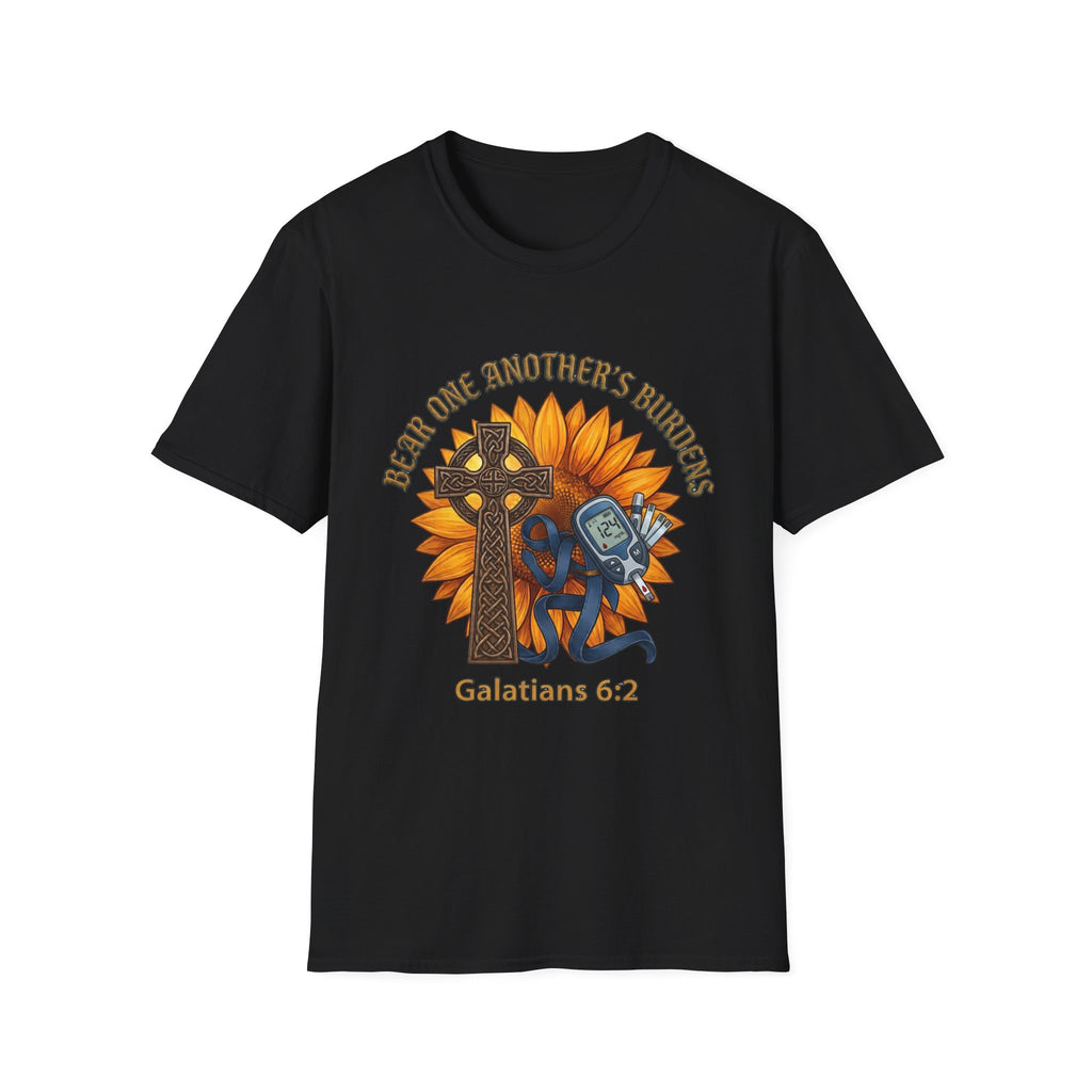 Christian T-Shirt - "Bear One Another's Burdens" Galatians 6:2 Sunflower Cross Design