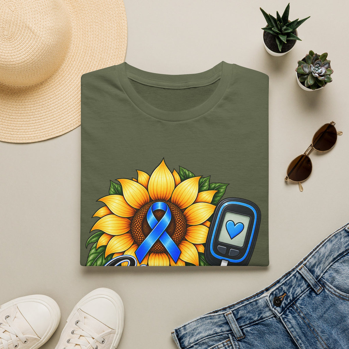 Diabetes Awareness T-Shirt — "Stronger Than Yesterday" Sunflower Ribbon Design