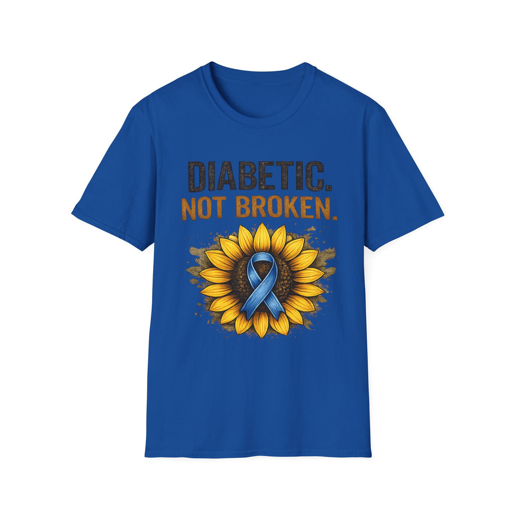Diabetic Not Broken T-Shirt — Sunflower & Blue Awareness Ribbon Tee