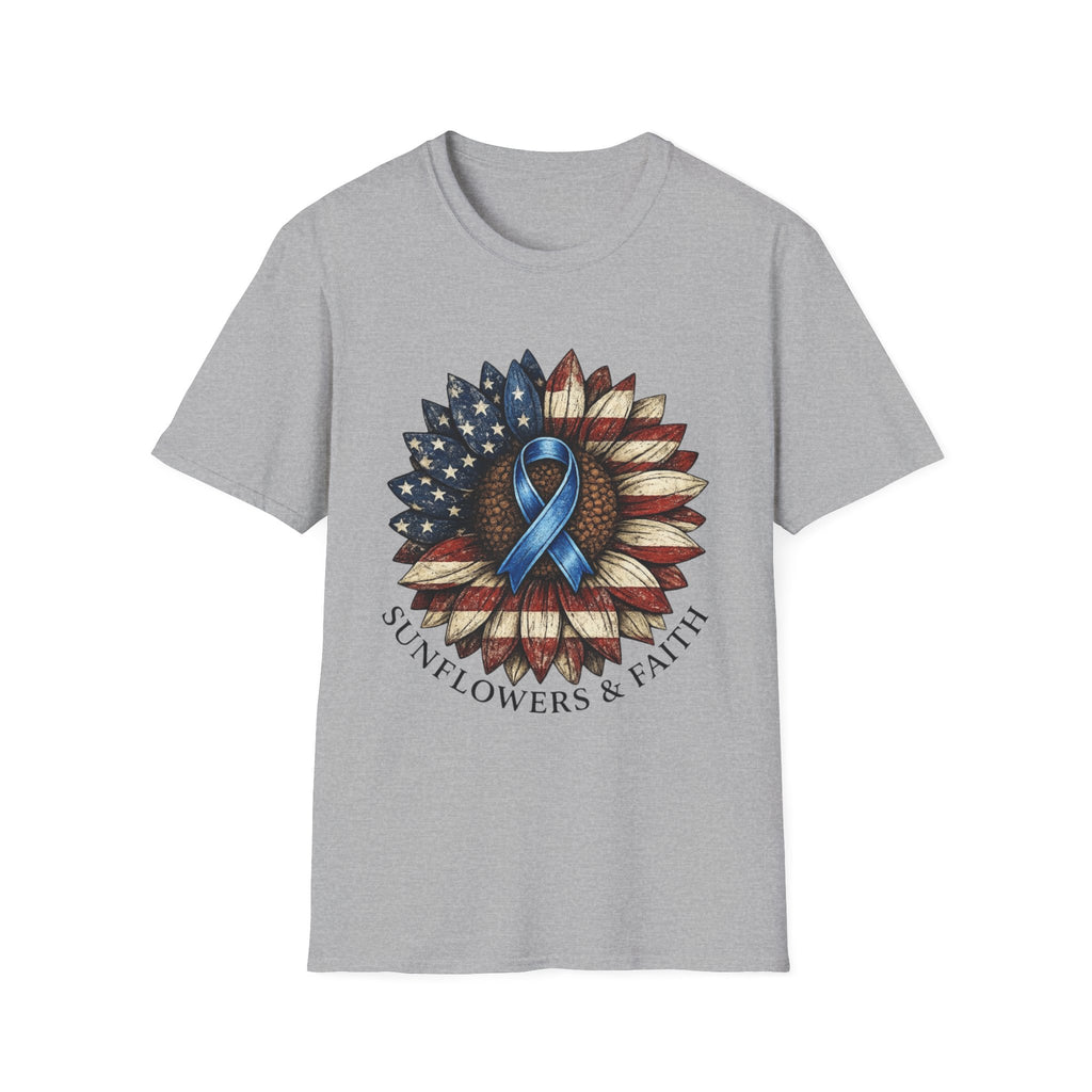 Flag Sunflower T-Shirt with Blue Awareness Ribbon — Sunflowers & Faith