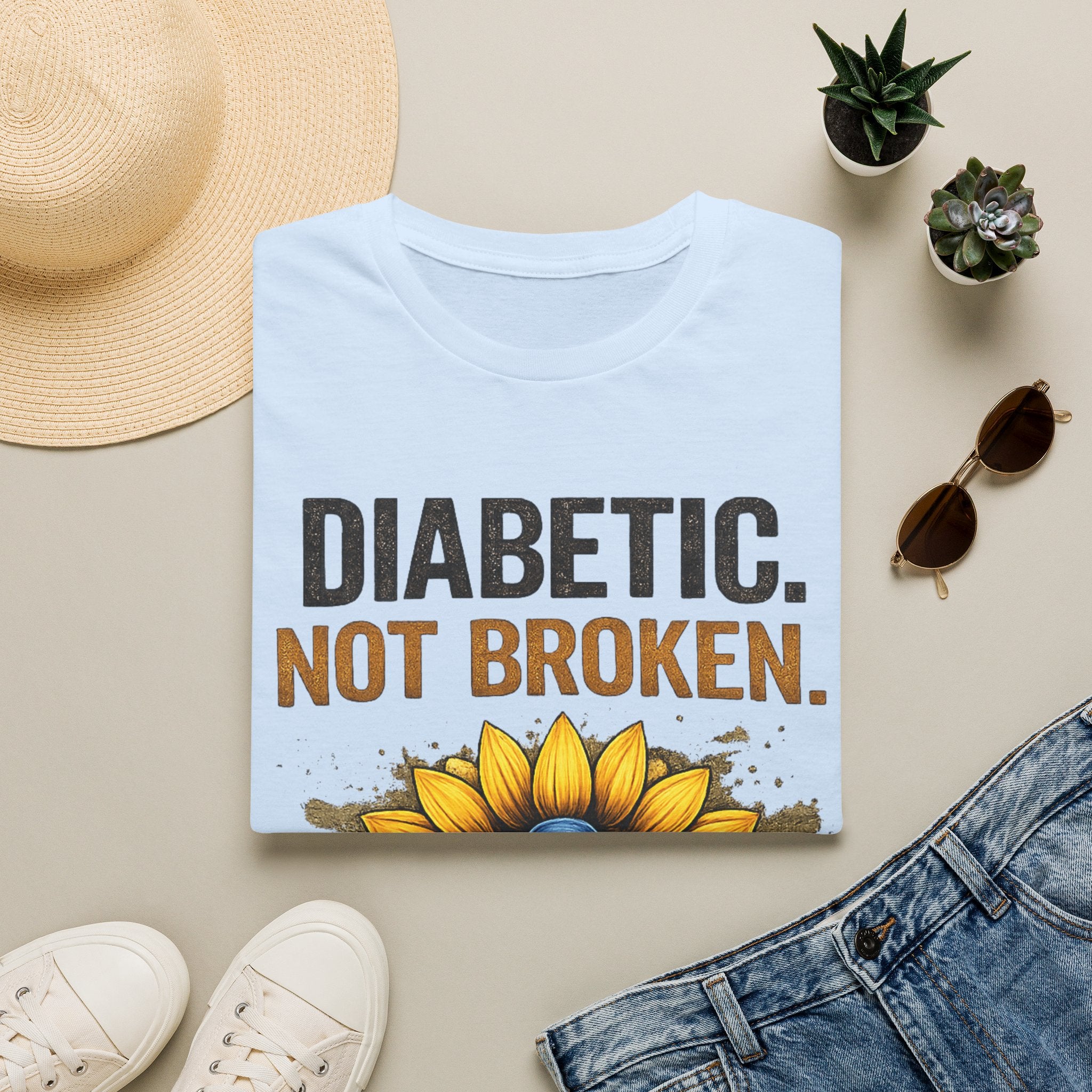 Diabetic Not Broken T-Shirt — Sunflower & Blue Awareness Ribbon Tee