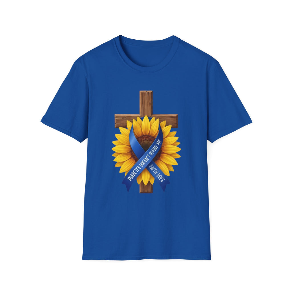 Faith Sunflower T‑Shirt — Wooden Cross with Blue Awareness Ribbon