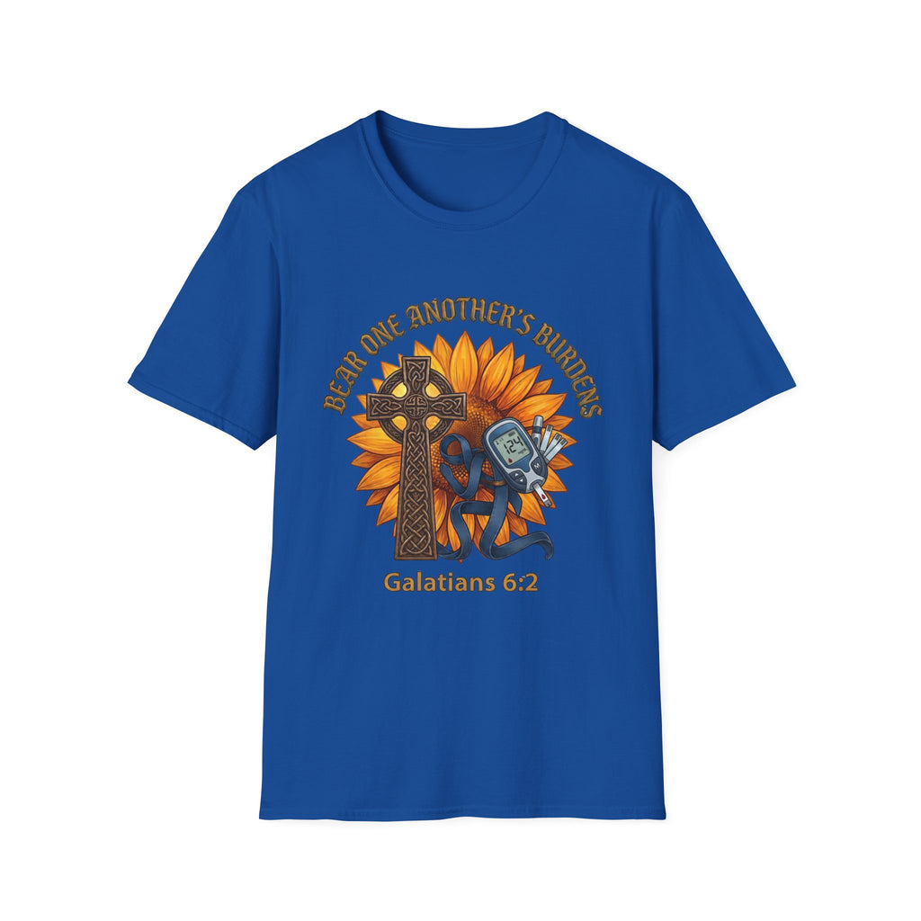 Christian T-Shirt - "Bear One Another's Burdens" Galatians 6:2 Sunflower Cross Design