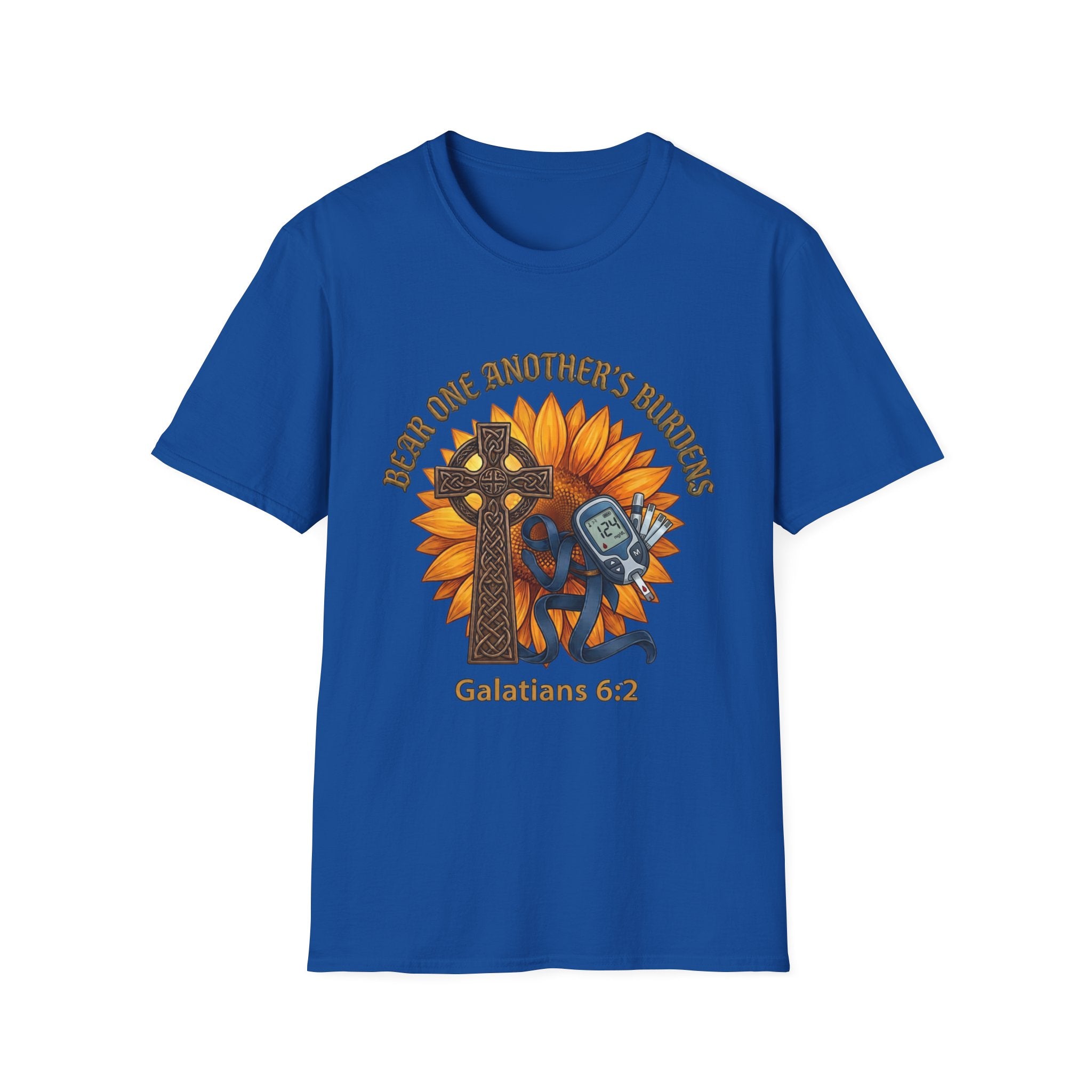 Christian T-Shirt - "Bear One Another's Burdens" Galatians 6:2 Sunflower Cross Design