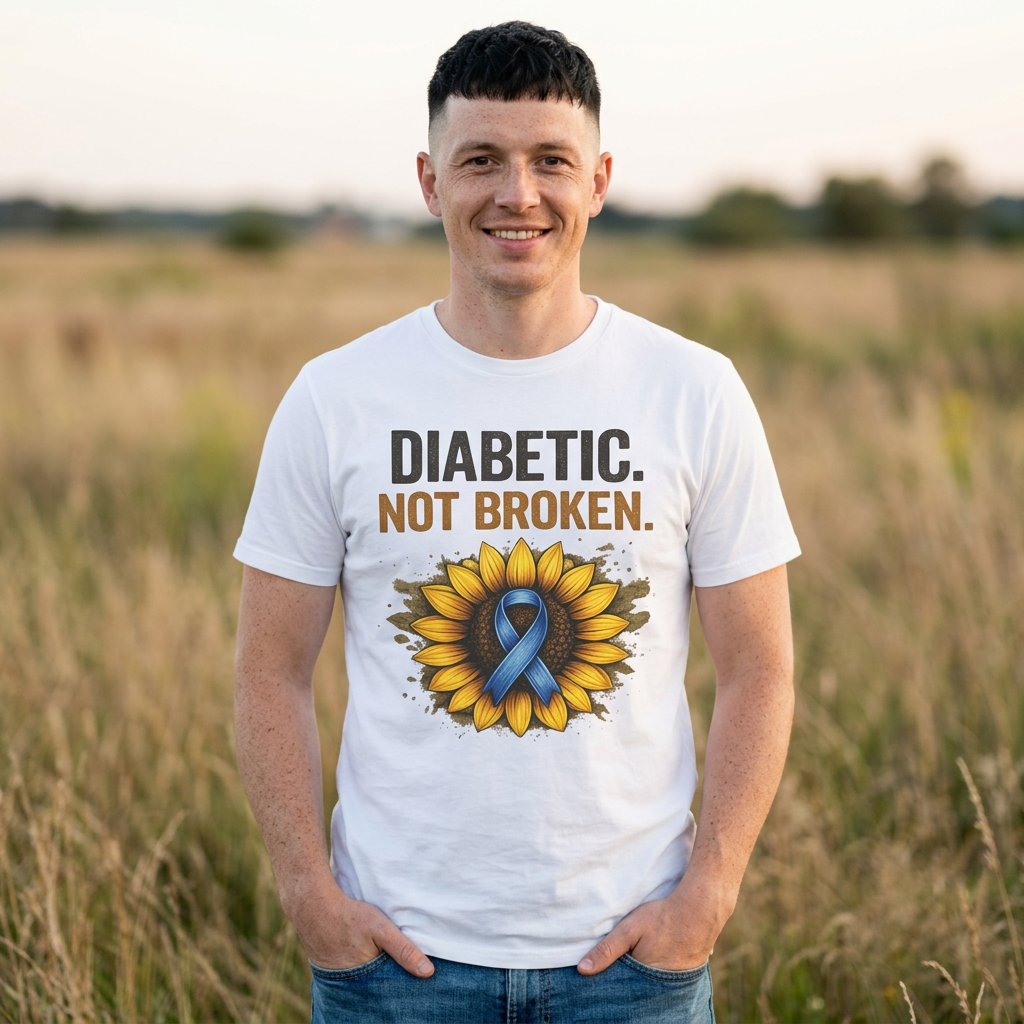 Diabetic Not Broken T-Shirt — Sunflower & Blue Ribbon Diabetes Awareness Tee