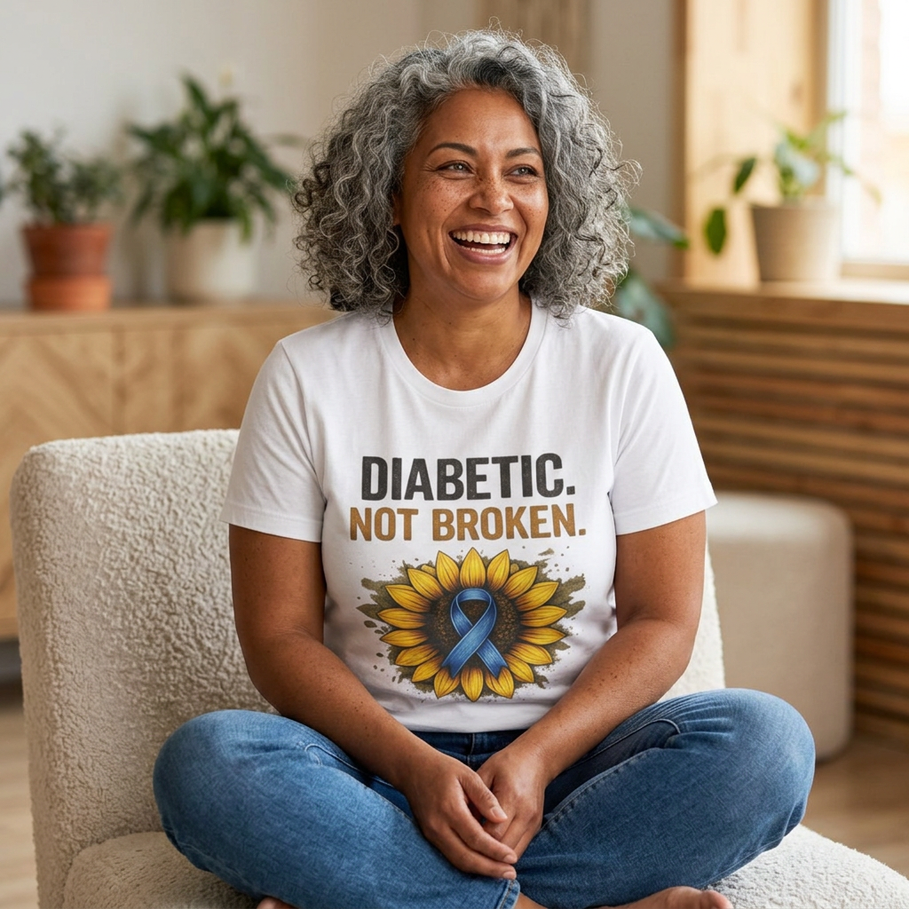Diabetic Not Broken T-Shirt — Sunflower & Blue Ribbon Diabetes Awareness Tee