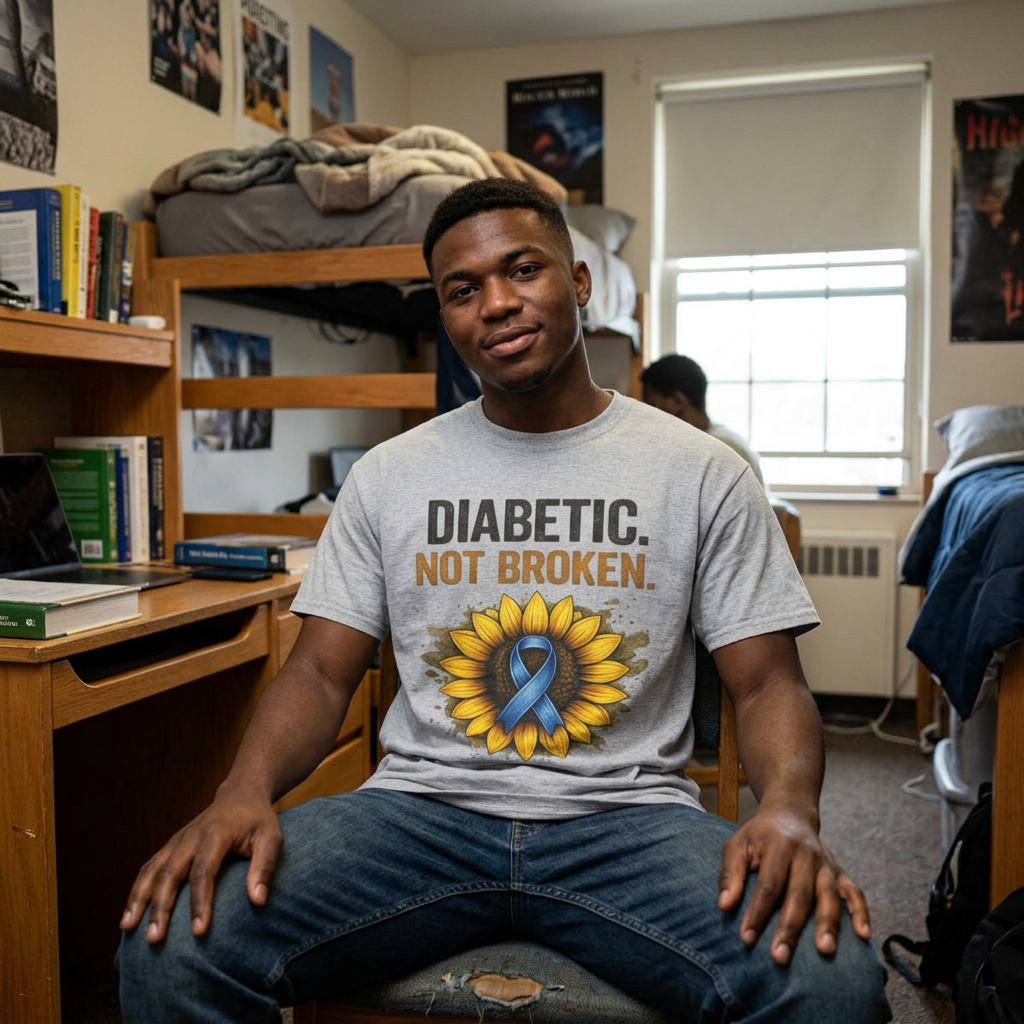 Diabetic Not Broken T-Shirt — Sunflower & Blue Awareness Ribbon Tee