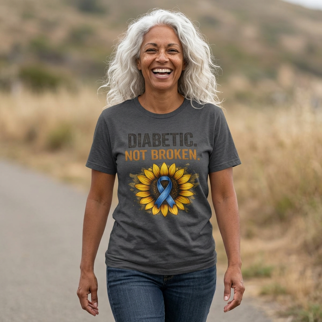 Diabetic Not Broken T-Shirt — Sunflower & Blue Awareness Ribbon Tee