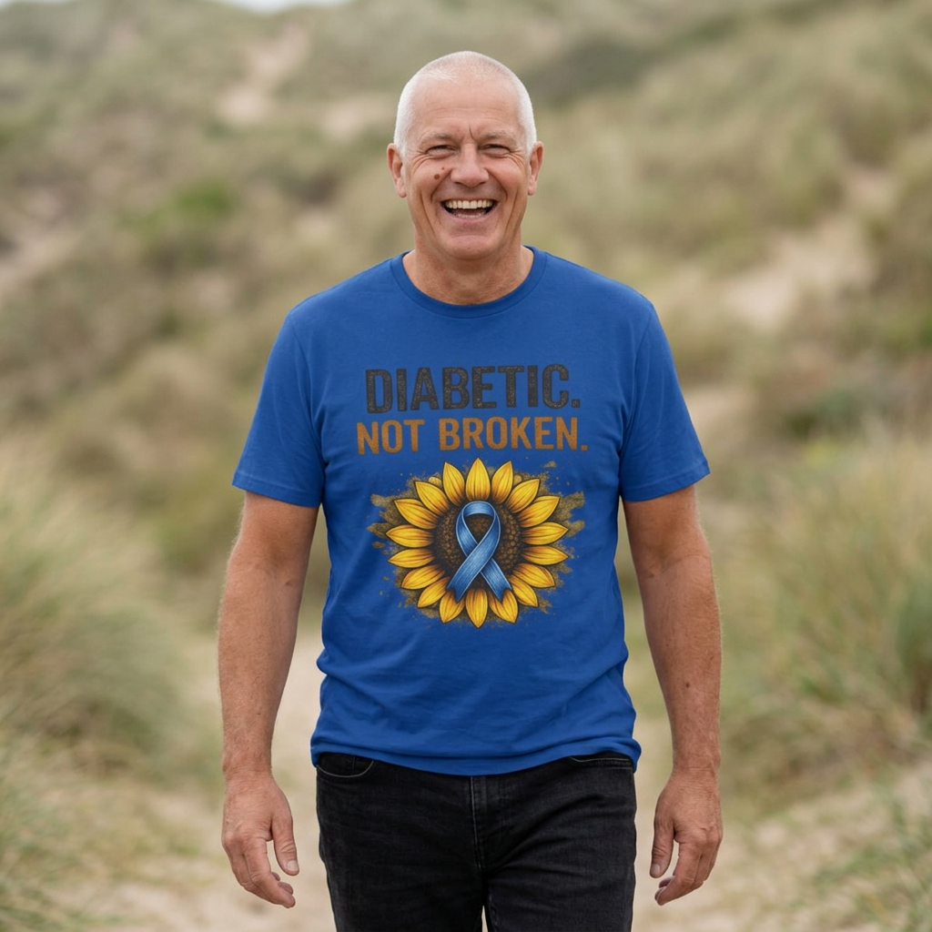 Diabetic Not Broken T-Shirt — Sunflower & Blue Awareness Ribbon Tee