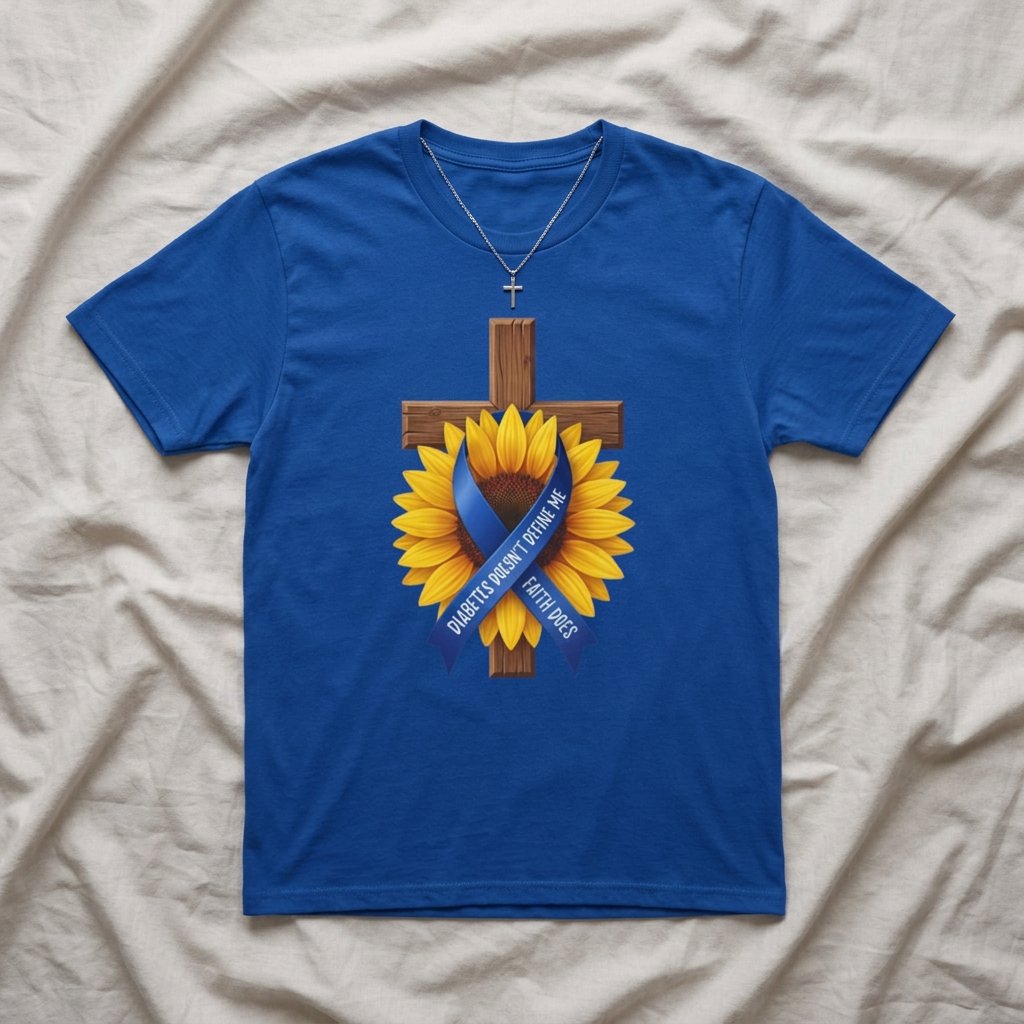 Faith Sunflower T‑Shirt — Wooden Cross with Blue Awareness Ribbon