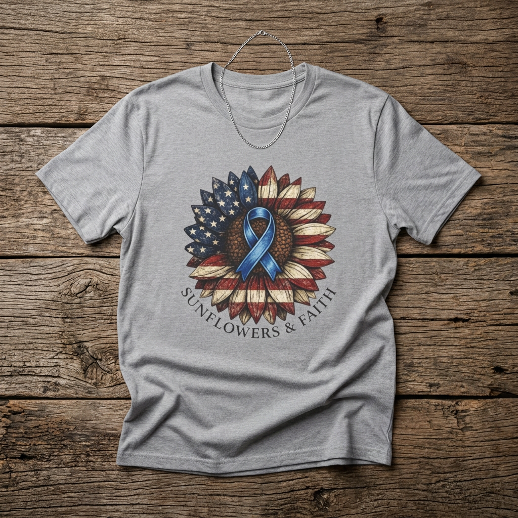 Flag Sunflower T-Shirt with Blue Awareness Ribbon — Sunflowers & Faith