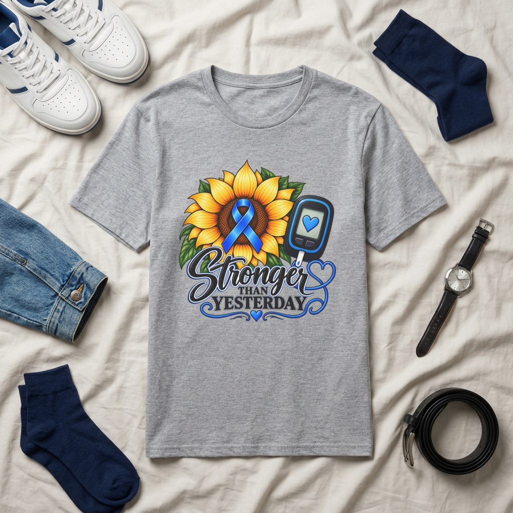 Diabetes Awareness T-Shirt — "Stronger Than Yesterday" Sunflower Ribbon Design