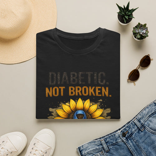 Diabetic Not Broken T-Shirt — Sunflower & Blue Ribbon Diabetes Awareness Tee