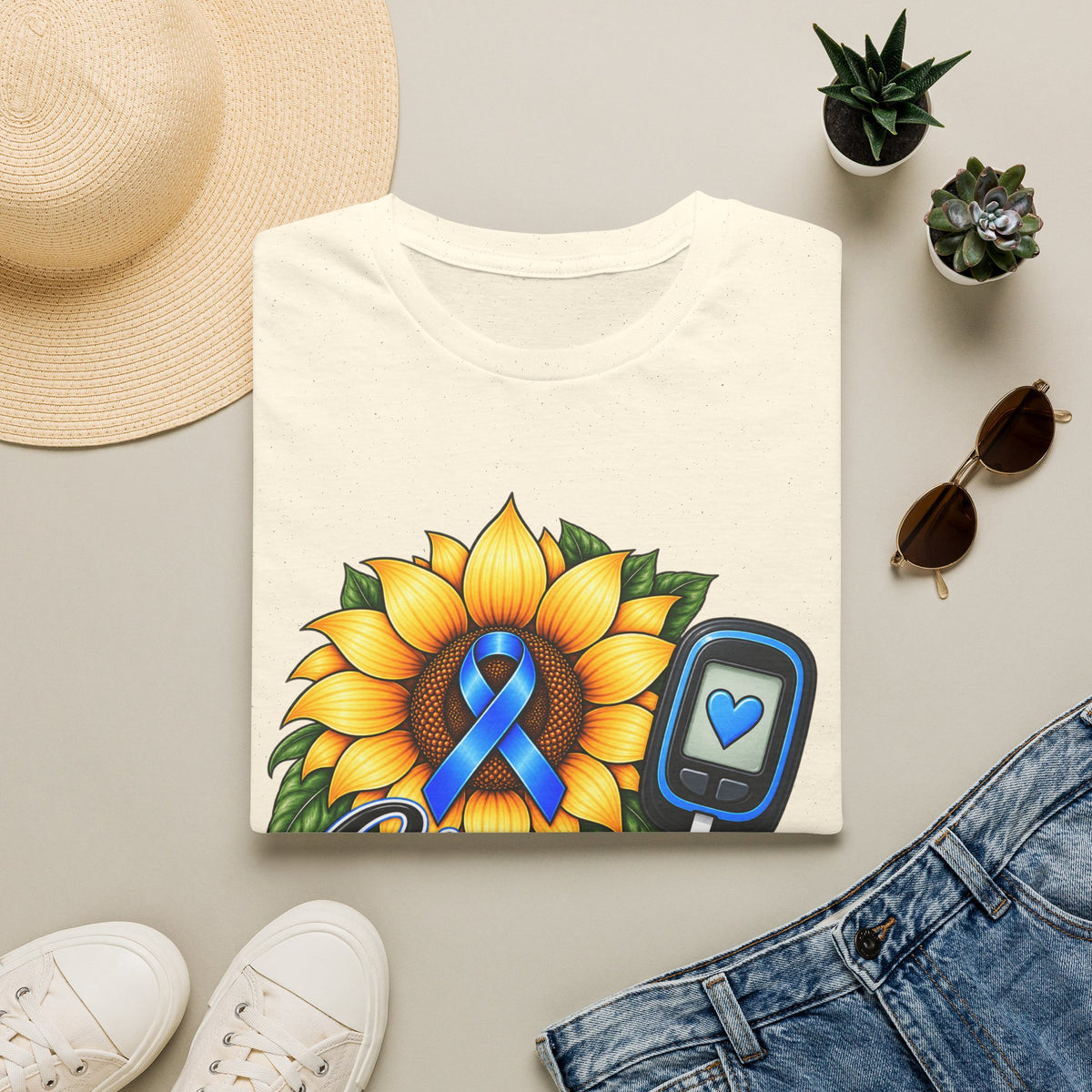 Diabetes Awareness T-Shirt — "Stronger Than Yesterday" Sunflower Ribbon Design