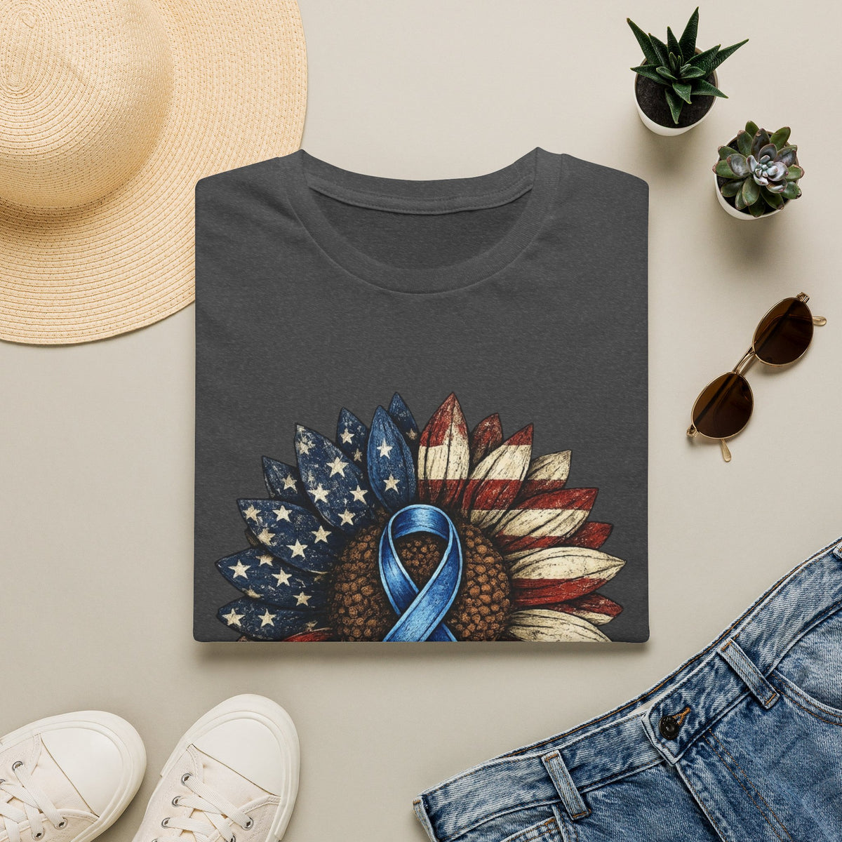 Flag Sunflower T-Shirt with Blue Awareness Ribbon — Sunflowers & Faith