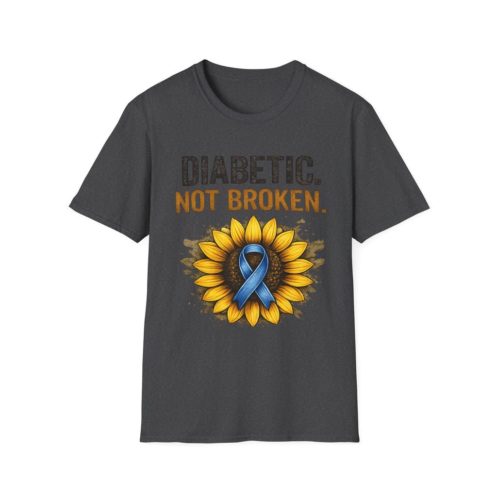 Diabetic Not Broken T-Shirt — Sunflower & Blue Awareness Ribbon Tee