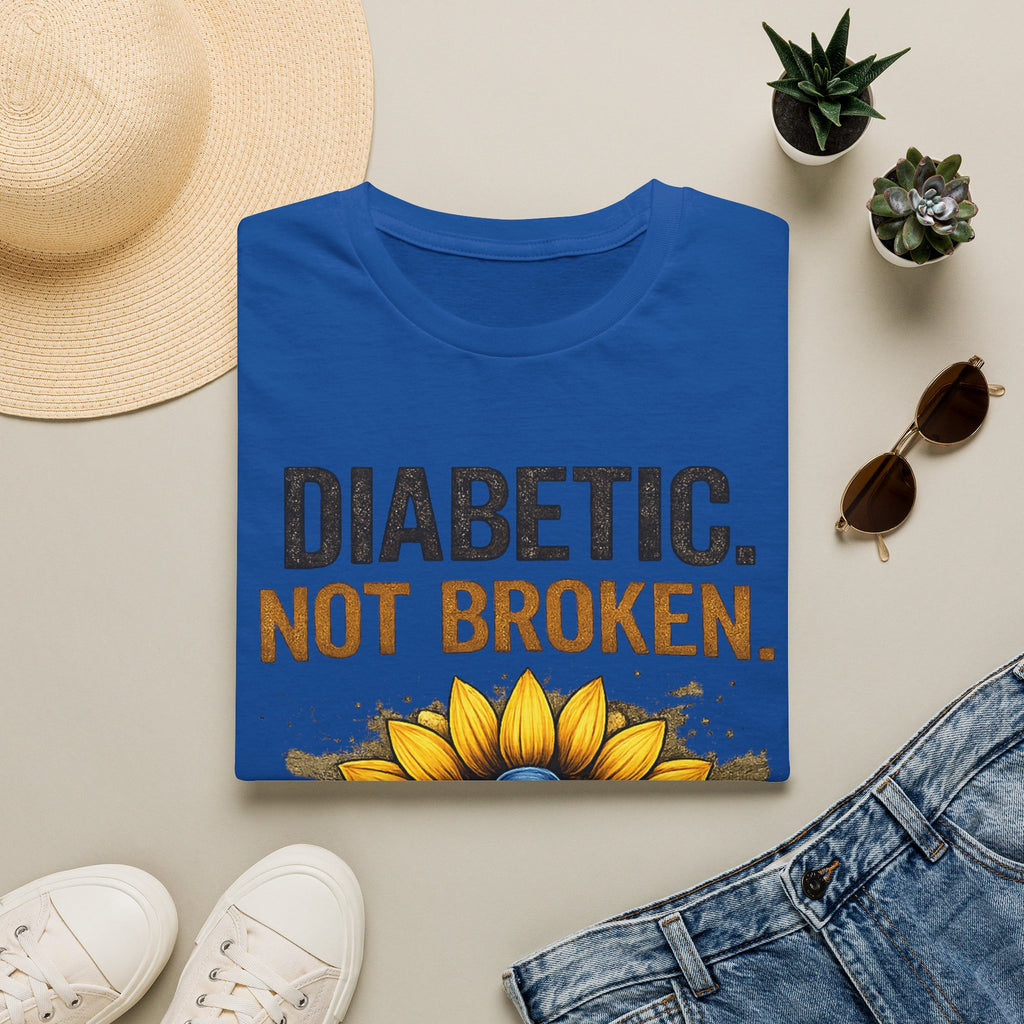 Diabetic Not Broken T-Shirt — Sunflower & Blue Awareness Ribbon Tee