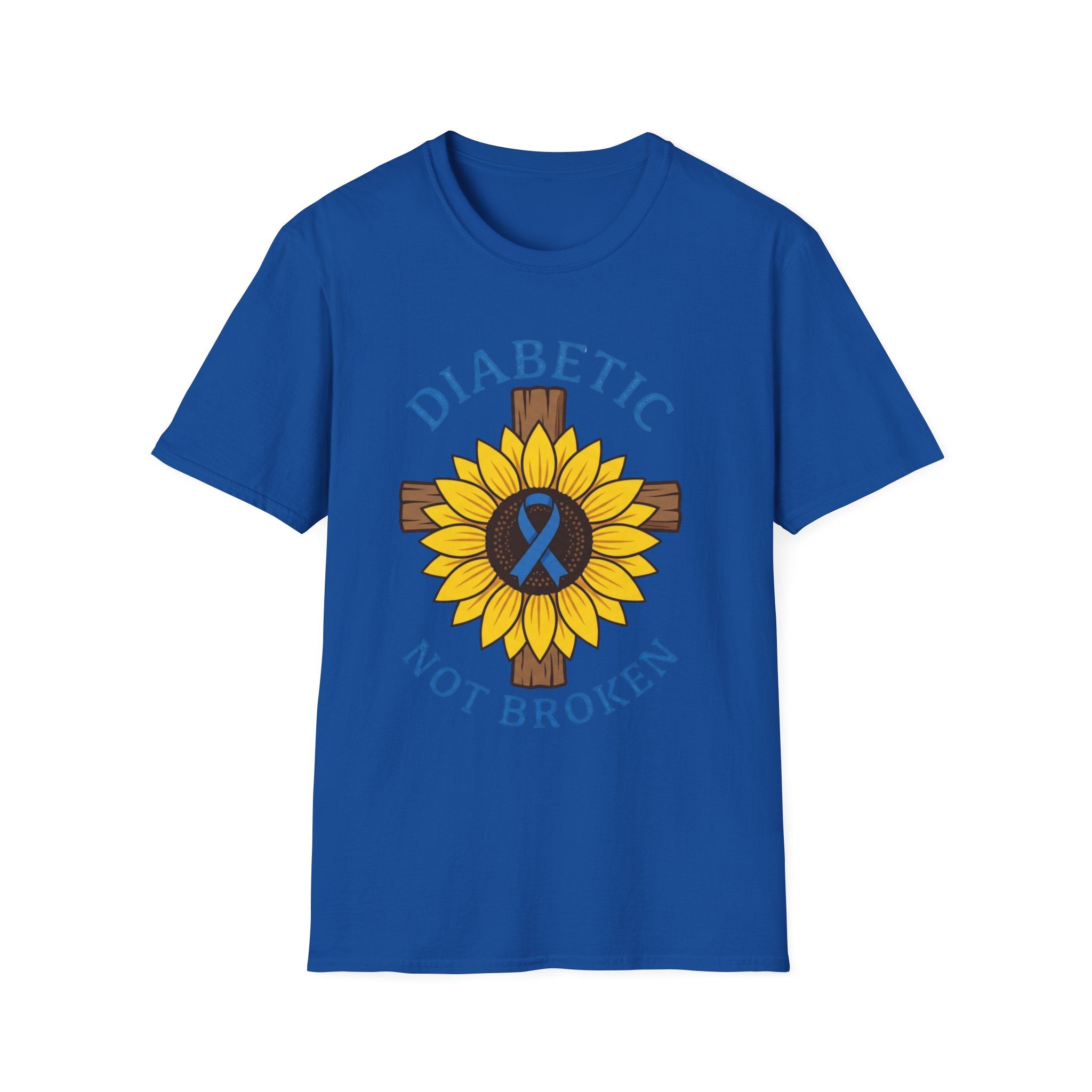 Diabetic Not Broken T-Shirt — Sunflower & Blue Awareness Ribbon