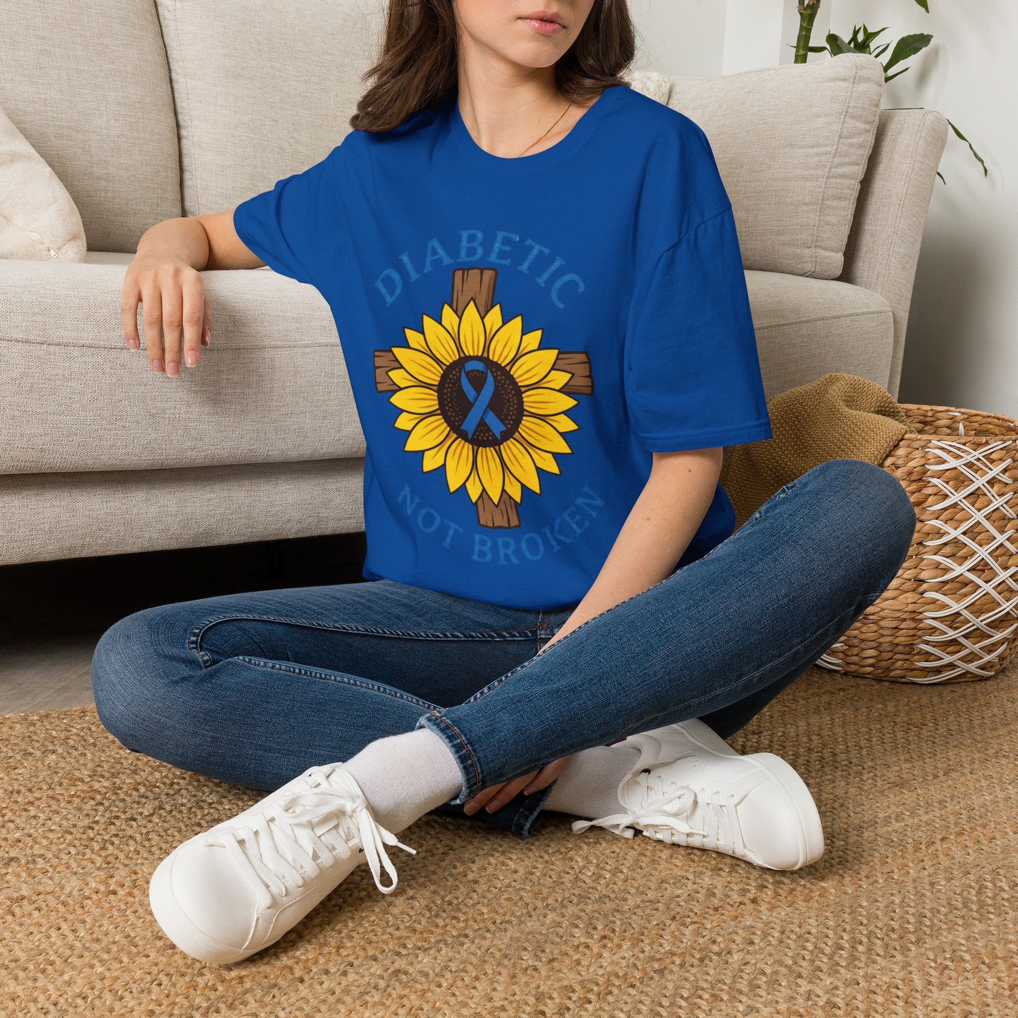 Diabetic Not Broken T-Shirt — Sunflower & Blue Awareness Ribbon