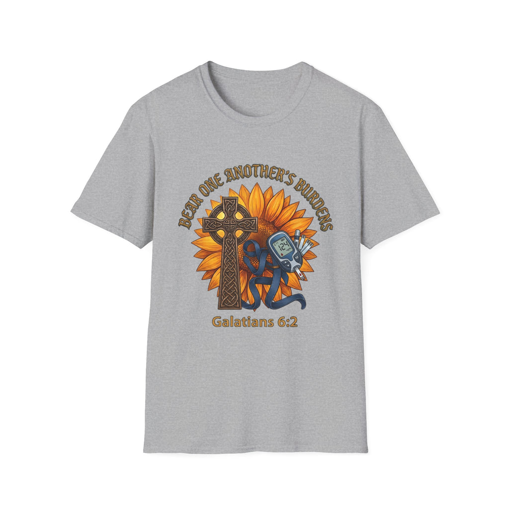 Christian T-Shirt - "Bear One Another's Burdens" Galatians 6:2 Sunflower Cross Design