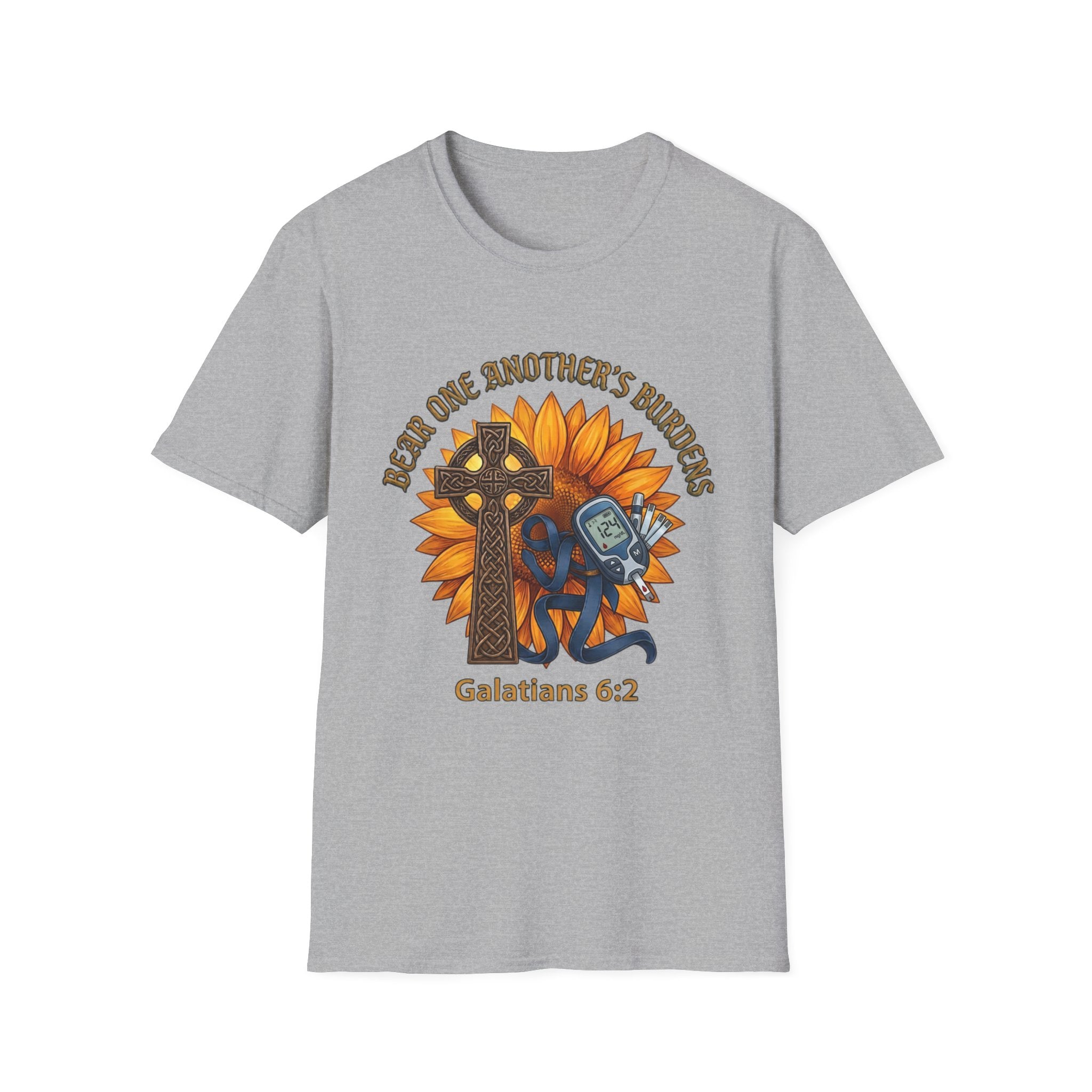 Christian T-Shirt - "Bear One Another's Burdens" Galatians 6:2 Sunflower Cross Design