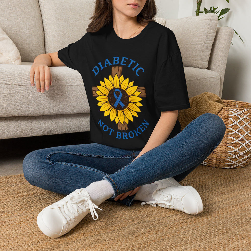 Diabetic Not Broken T-Shirt — Sunflower & Blue Awareness Ribbon